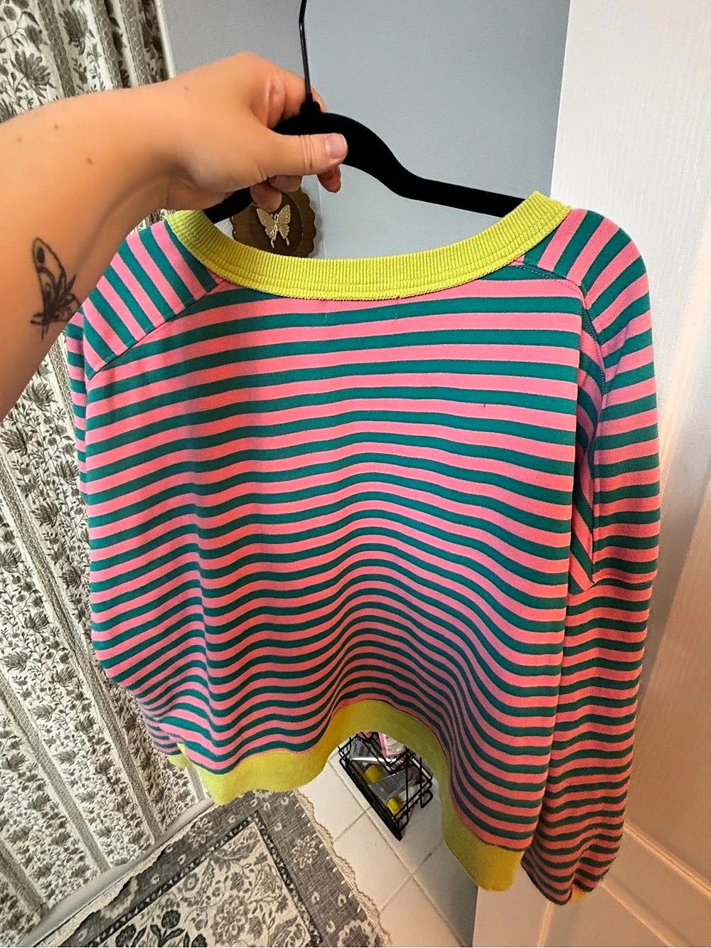 FP DUPE Striped Crewneck Sweater in Pink & Green Like New